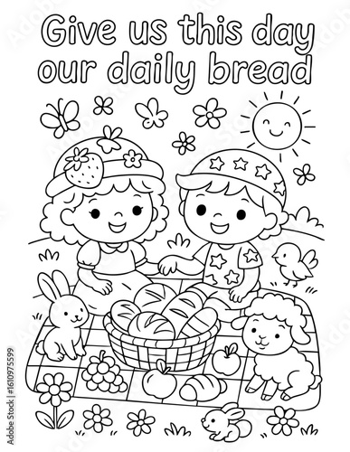 christian coloring page with children sharing bread in nature with animals and sun under scripture about daily provision, great for sunday school, homeschool and kids prayer-based activities