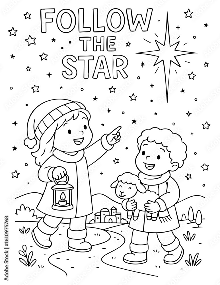 Fototapeta premium christian coloring page with two smiling children following christmas star while holding lantern and doll, includes quote follow the star, perfect for sunday school, homeschool