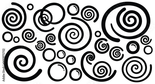Numerous black spiral shapes of varying sizes and orientations arranged on white background.