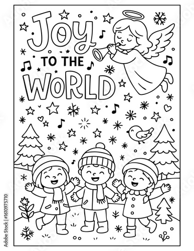 christian christmas coloring page with joyful children, angel playing trumpet and quote joy to the world, great for sunday school, homeschool and festive bible-based kids activities