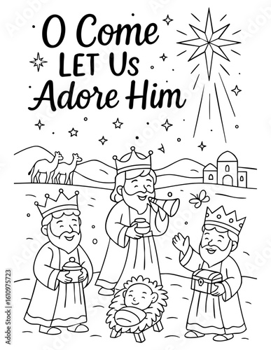 christian coloring page with nativity scene of baby jesus and wise men bringing gifts under christmas star and quote o come let us adore him, great for sunday school and bible-based holiday activities