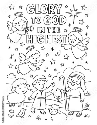 christian coloring page with joyful angels and shepherd in the field with sheep and children under quote glory to god in the highest, perfect for sunday school, homeschool and christmas bible lessons