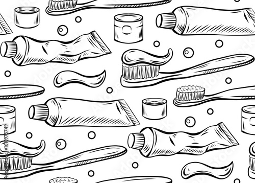 Vector seamless pattern with toothbrushes, bubbles and toothpaste. Texture with contour drawing of dentist tool for wallpaper and wrapping paper.