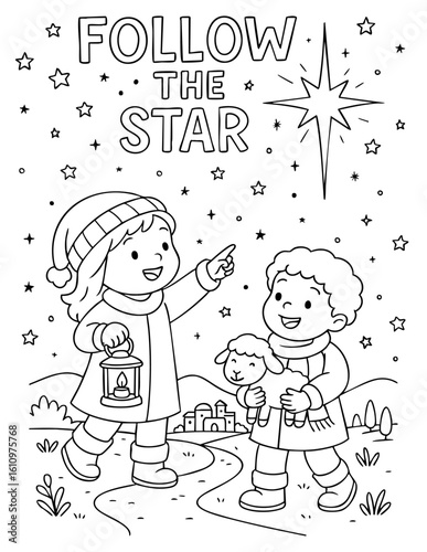 christian coloring page with two smiling children following christmas star while holding lantern and doll, includes quote follow the star, perfect for sunday school, homeschool