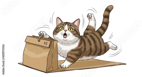 Cartoon cat falling out of a paper bag with number 45 on it, surprised expression.
