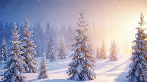 Snowy pine trees in a winter wonderland landscape view