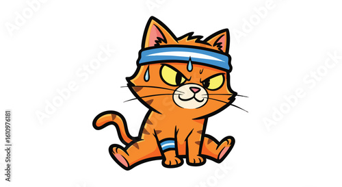 Cartoon illustration of an orange tabby cat wearing a headband and arm band, looking determined and sweaty.