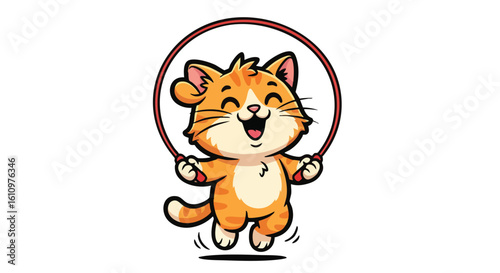 Cartoon orange tabby cat cheerfully jumps rope with a red rope, smiling widely.