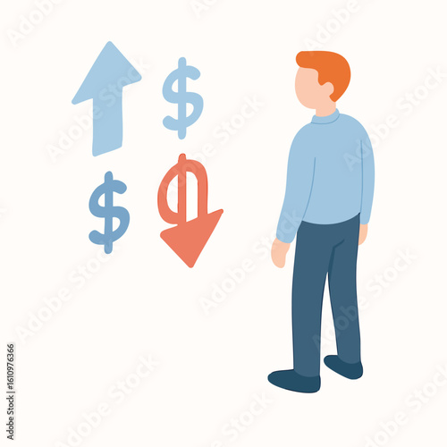 Flat Isometric Man Analyzing Money Dollar Financial Growth Illustration