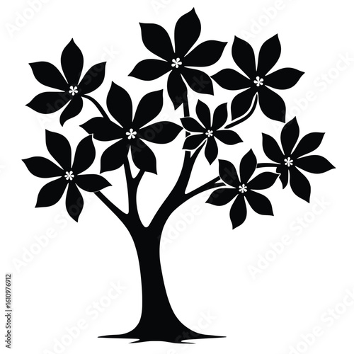 A Stylized Frangipani Tree Rendered In A Bold Stark Black Silhouette Against White Backdrop