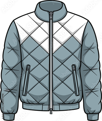 CAD drawing flat vector illustration of quilted jacket, zip front, diamond stitch, color block, casual fashion garment layout, stylish winter outerwear