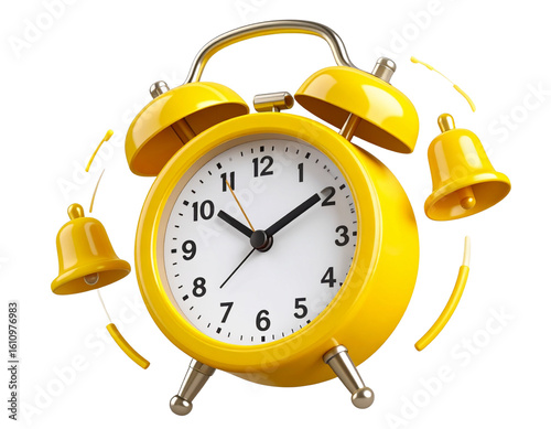 Angled View of Vibrant Yellow Alarm Clock with Ringing Bells and Motion Effect – Transparent PNG
