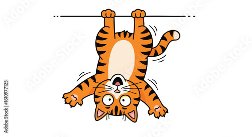 Cartoon orange tabby cat hanging upside down from a line, looking surprised.