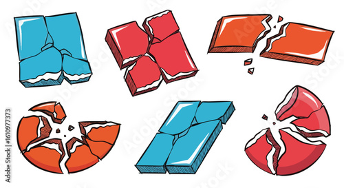 Cartoon illustration featuring various colored, broken, and fragmented shapes.