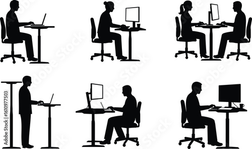Office people silhouettes working at desks, cad drawing flat vector illustration, computer users sitting, standing, meeting, working remotely, digitally connected