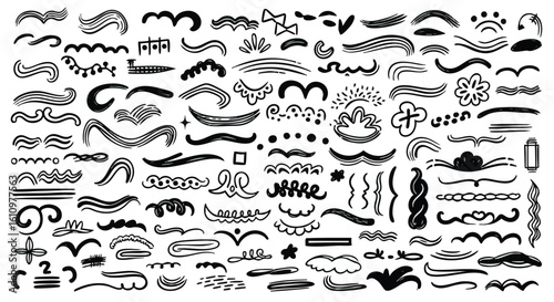 A collection of hand-drawn black ink decorative elements, swirls, and flourishes.