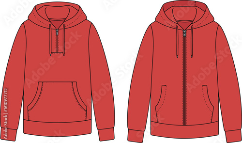 Cad drawing flat vector illustration of red hooded sweatshirts, front view, pullover and zip-up styles, casual sportswear, long sleeve, fashion apparel 