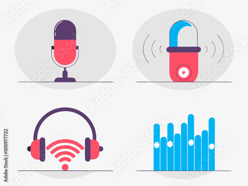Podcast and Audio Visual Elements with Microphone Headphones Sound Waves and Lock