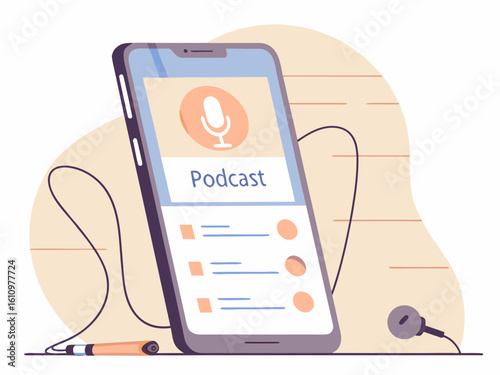 Podcast App on Mobile Phone with Earphones for Listening