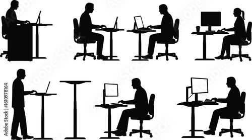 Office worker silhouette set, people using laptops, computer desk scene, modern workstation illustration, sitting standing posture, black vector icons