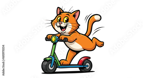Cartoon illustration of a happy orange cat riding a green and red scooter on a white background.