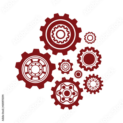 Interlocking red gear icons in various sizes represent machines, teamwork, mechanical processes, or engineering operations.