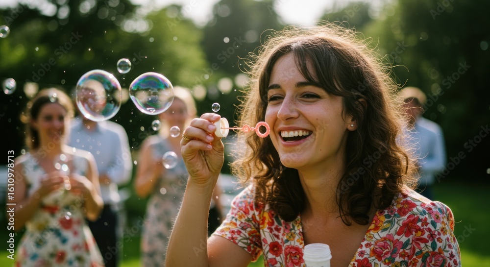 Laughing Woman Blowing Bubbles in Sunny Outdoor Garden Party Laughing Woman Blowing Bubbles in Sunny Outdoor Garden Party