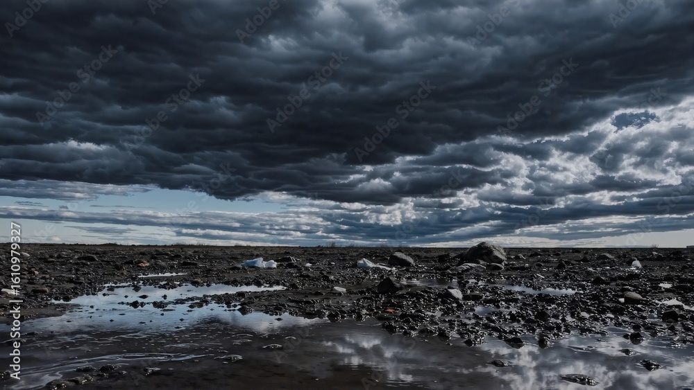 Fototapeta premium Dramatic Stormy Ocean with Floating Waste Under Dark Cloudy Sky