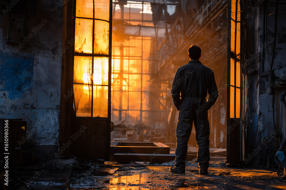 Sunset Contemplation in Industrial Space: A solitary figure stands in silhouette, gazing at a fiery sunset through the decaying windows of an industrial building. Sunset Contemplation in Industrial Space: A solitary figure stands in silhouette, gazing at a fiery sunset through the decaying windows of an industrial building.