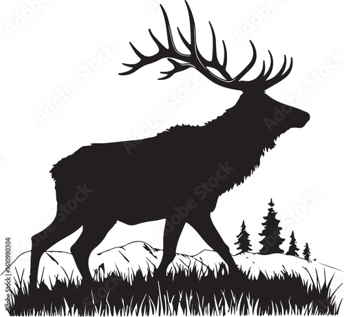 Elk Forest Animal Silhouette – Black and White Line Illustration