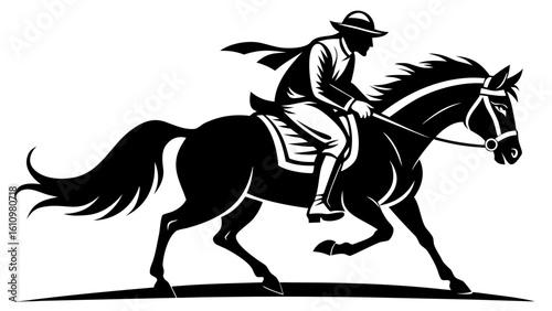 horse and rider black and white silhouette on white background