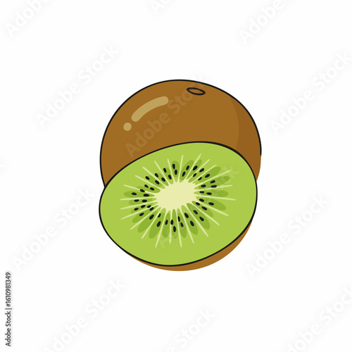 Freshly sliced kiwi fruit with detailed green interior and brown skin.