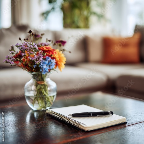 A stylish notebook and pen set on a cozy coffee table.