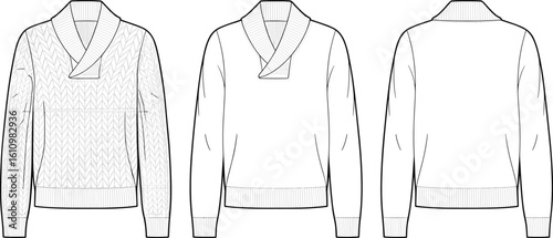 CAD drawing flat vector illustration of shawl collar sweater, stylish knitwear garment layout, fashion 