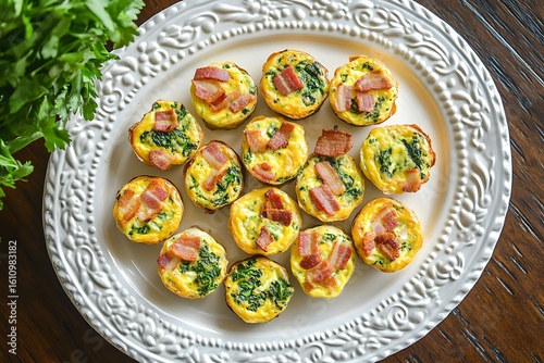 Wallpaper Mural Top-down view of a platter with bite-sized mini quiches, filled with a mix of spinach, cheese, and crispy bacon, presented symmetrically  Torontodigital.ca