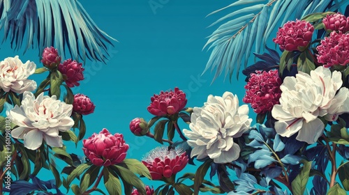 Vibrant floral illustration with red and white peonies and tropical leaves against a clear blue sky.