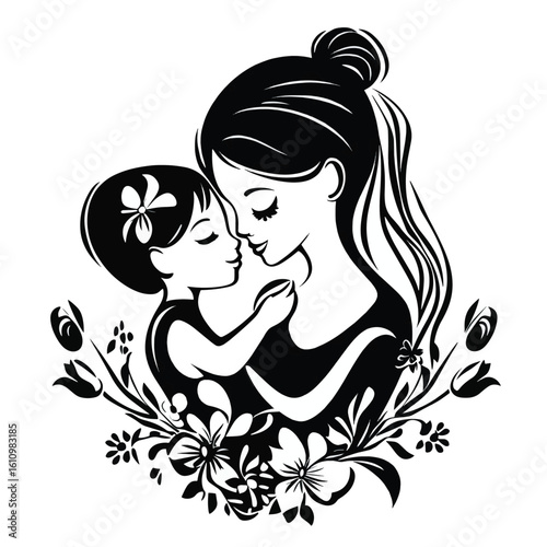  Art Illustration and vector Mother and Child Embrace: Tender Moments, Black and White Illustration isolated on white background AI Generative