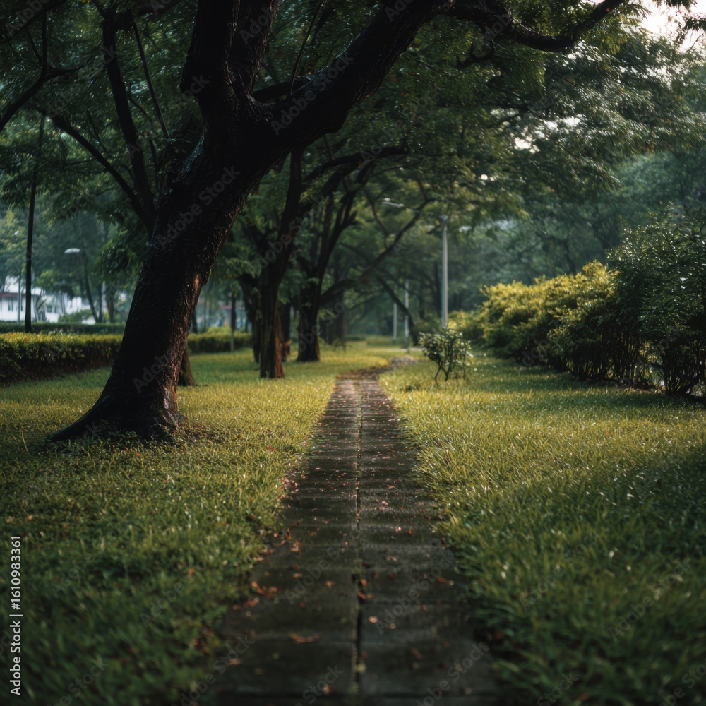 Obraz premium Neat city park with a serene walking path surrounded by greenery.