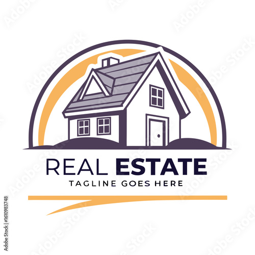 🏡 Title: New Horizons Home: Solid Real Estate Vector Logo Featuring a Charming House with Dormer Against a Modern Orange Arch - Perfect for Property Developers