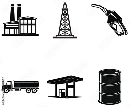 Energy Industry Black Silhouette Icon Set Fossil Fuels