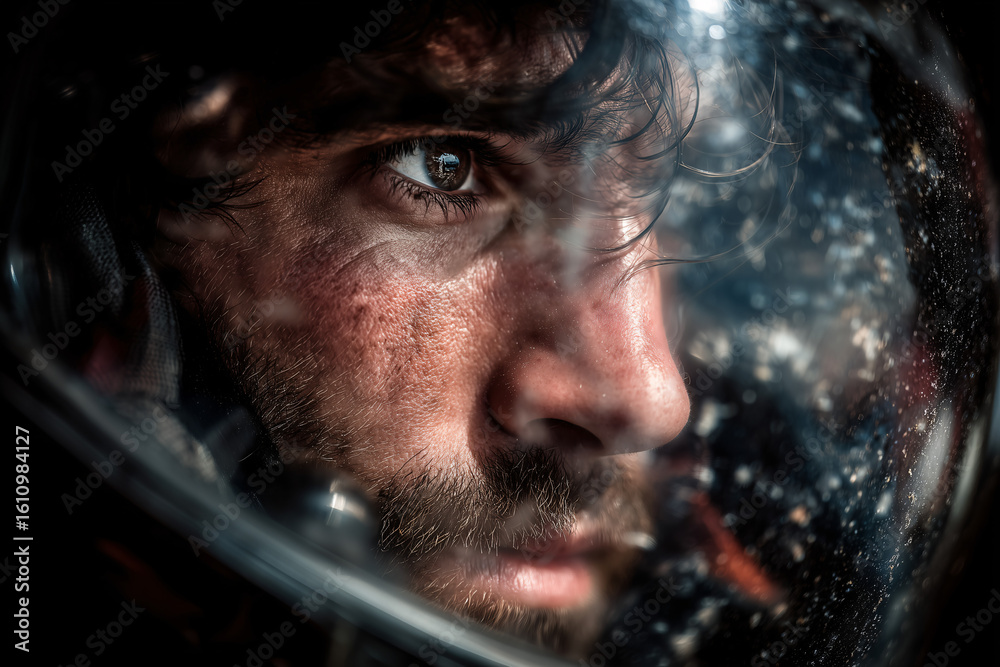 Fototapeta premium Astronaut in the Cosmos: An astronaut gazes into the vast, starry expanse of space through their helmet, captured in a striking close-up. The image evokes a sense of wonder and introspection.