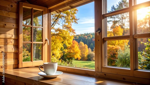 View from inside a wooden cabin to an autumn forest, coffee cup on the windowsill.