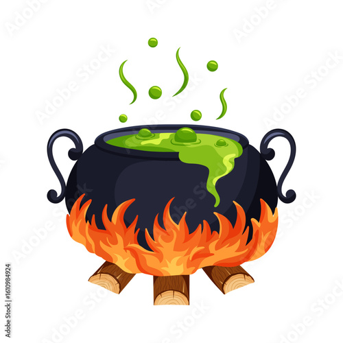 Green elixir in a magic cauldron on a fire. Symbol of witchcraft and mystical rituals. Vector illustration for Halloween.