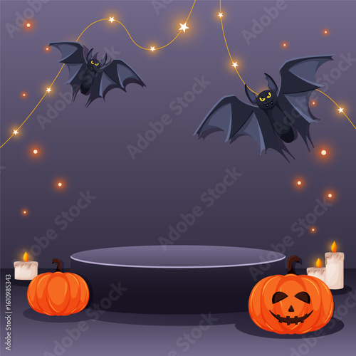 Halloween stage scene with flying bats, glowing pumpkins, candles, and hanging star garland. Platform podium for product display. Vector illustration.