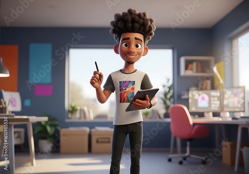 Smiling 3D Cartoon Graphic Designer in Modern Studio; Stylus, Tablet, Bright Workspace