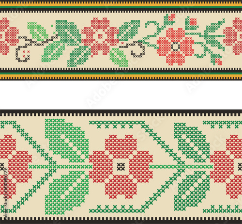 Slavic ornamental seamless frieze vector series. Authentic Bulgarian and Eastern European traditional decorative patterns of folk costumes, damasks, carpets. Balkan folklore embroidery motifs.