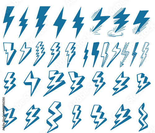 Set of hand drawn vector doodle electric lightning bolt symbol sketch illustrations. thunder symbol doodle icon.