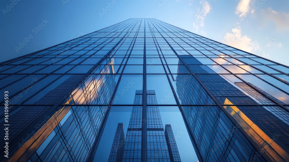 Fototapeta premium Sleek corporate tower with a reflective glass facade contemporary minimalist structure vivid reflections of an urban skyline precise
