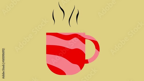 Animated red and pink striped mugs with steam rising, set against a light yellow background, perfect for cozy and warm themes.