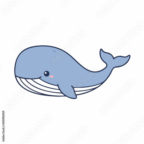 Cartoon Blue Whale with Pink Cheek and Black Outlines Swimming Right